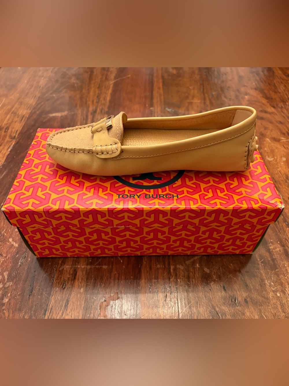 Tory Burch Tan Leather Driving Moccasins with Logo Bit